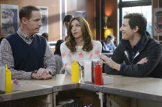 Det. Peralta (Andy Samberg), and Gina (Chelsea Peretti) enlist Capt. Holt's husband Kevin (Marc Evan Jackson) in the 'The Wednesday Incident' episode of Brooklyn Nine-Nine