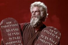 Charlton Heston as Moses holding the commandments in The Ten Commandments