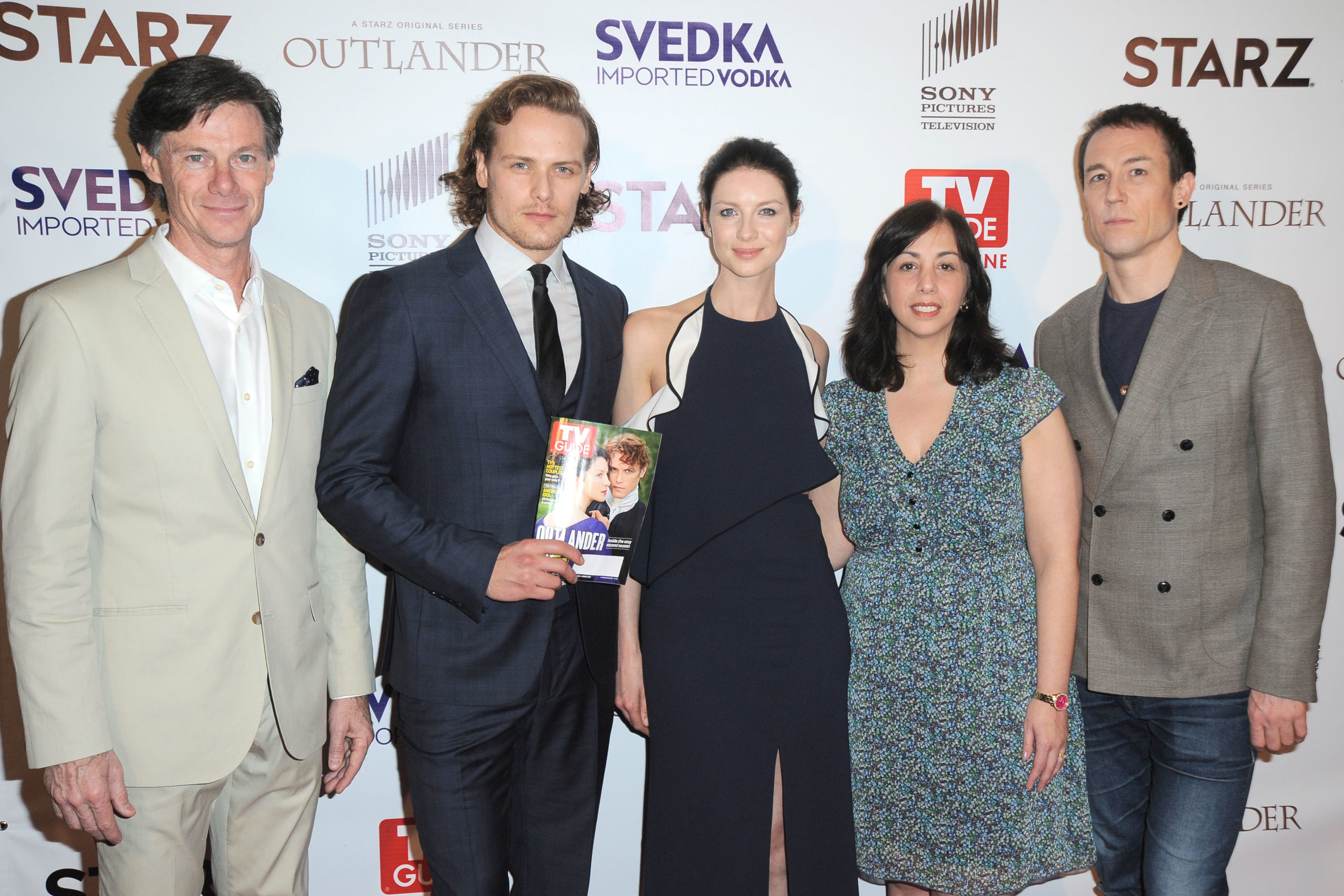 TV Guide Magazine Outlander Cover Party - Paul Turcotte, Sam Heughan, Caitriona Balfe, Nerina Rammairone, Tobias Menzies