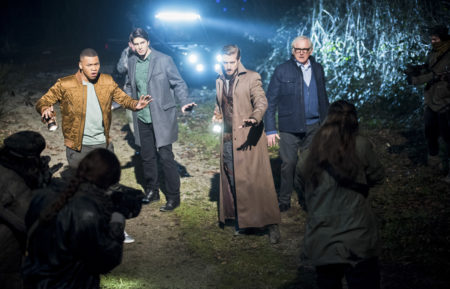 DC's Legends of Tomorrow - Franz Drameh as Jefferson 'Jax' Jackson, Brandon Routh as Ray Palmer/Atom, Arthur Darvill as Rip Hunter, and Victor Garber as Professor Martin Stein