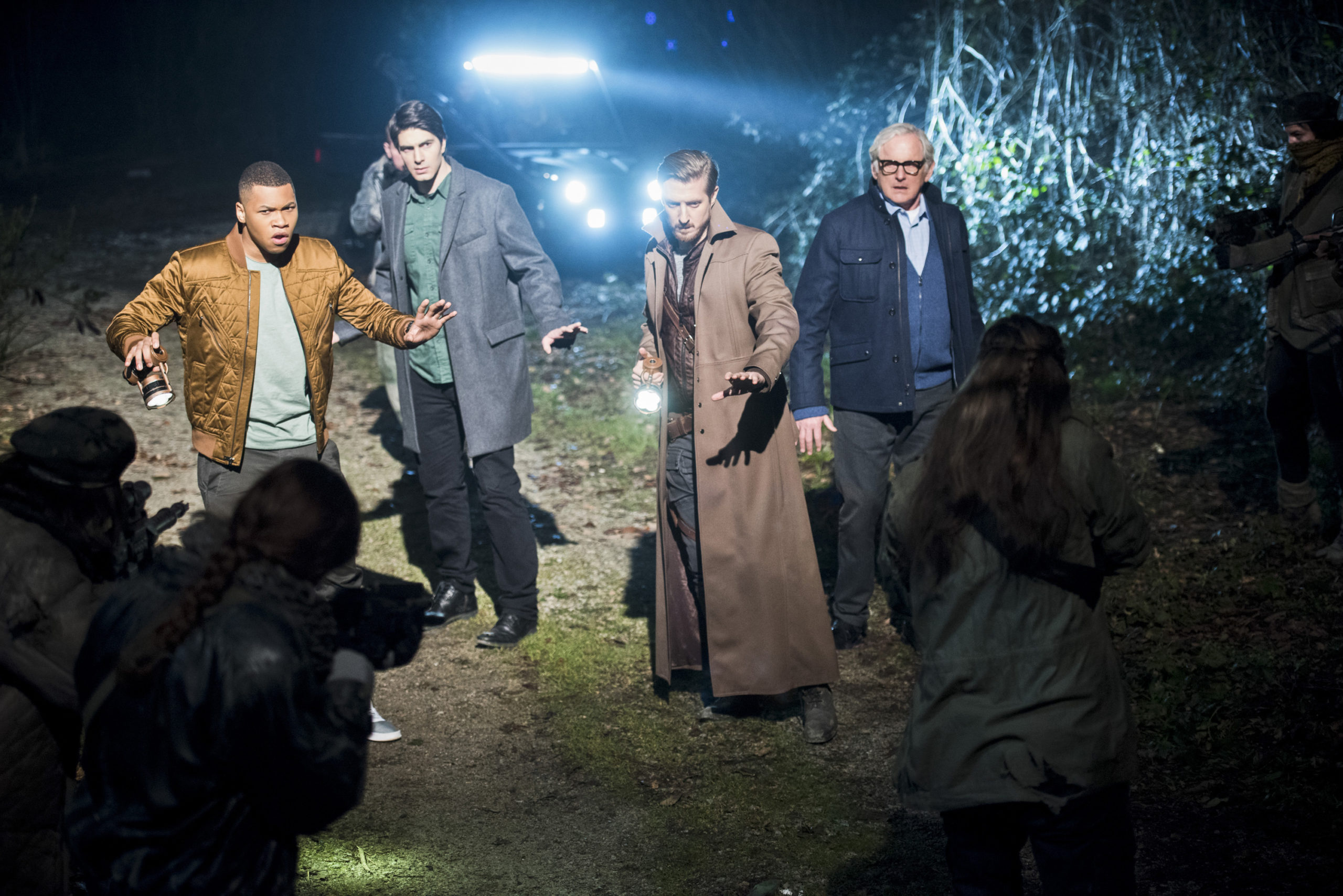 DC's Legends of Tomorrow - Franz Drameh as Jefferson 'Jax' Jackson, Brandon Routh as Ray Palmer/Atom, Arthur Darvill as Rip Hunter, and Victor Garber as Professor Martin Stein