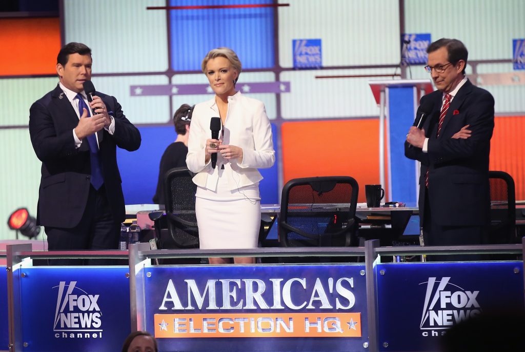 DETROIT, MI - MARCH 03: Moderators (Lto R) Bret Baier, Megyn Kelly and Chris Wallace are introduced at the Republican presidential debate sponsored by Fox News at the Fox Theatre on March 3, 2016 in Detroit, Michigan. Voters in Michigan will go to the polls March 8 for the State's primary. (Photo by Scott Olson/Getty Images)