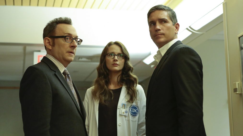 Person Of Interest - 'Reassortment' - Michael Emerson as Harold Finch, Amy Acker as Root, and Jim Caviezel as John