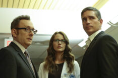 Person Of Interest - 'Reassortment' - Michael Emerson as Harold Finch, Amy Acker as Root, and Jim Caviezel as John