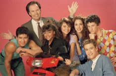 Saved By The Bell - Mario Lopez as Alabert Clifford 'A.C.' Slater, Dennis Haskins as Mr. Richard Belding, Lark Voorhies as Lisa Turtle, Tiffani Thiessen as Kelly Kapowski, Elizabeth Berkley as Jessie Spano, Mark-Paul Gosselaar as Zachary 'Zach' Morris, Dustin Diamond as Screech Powers