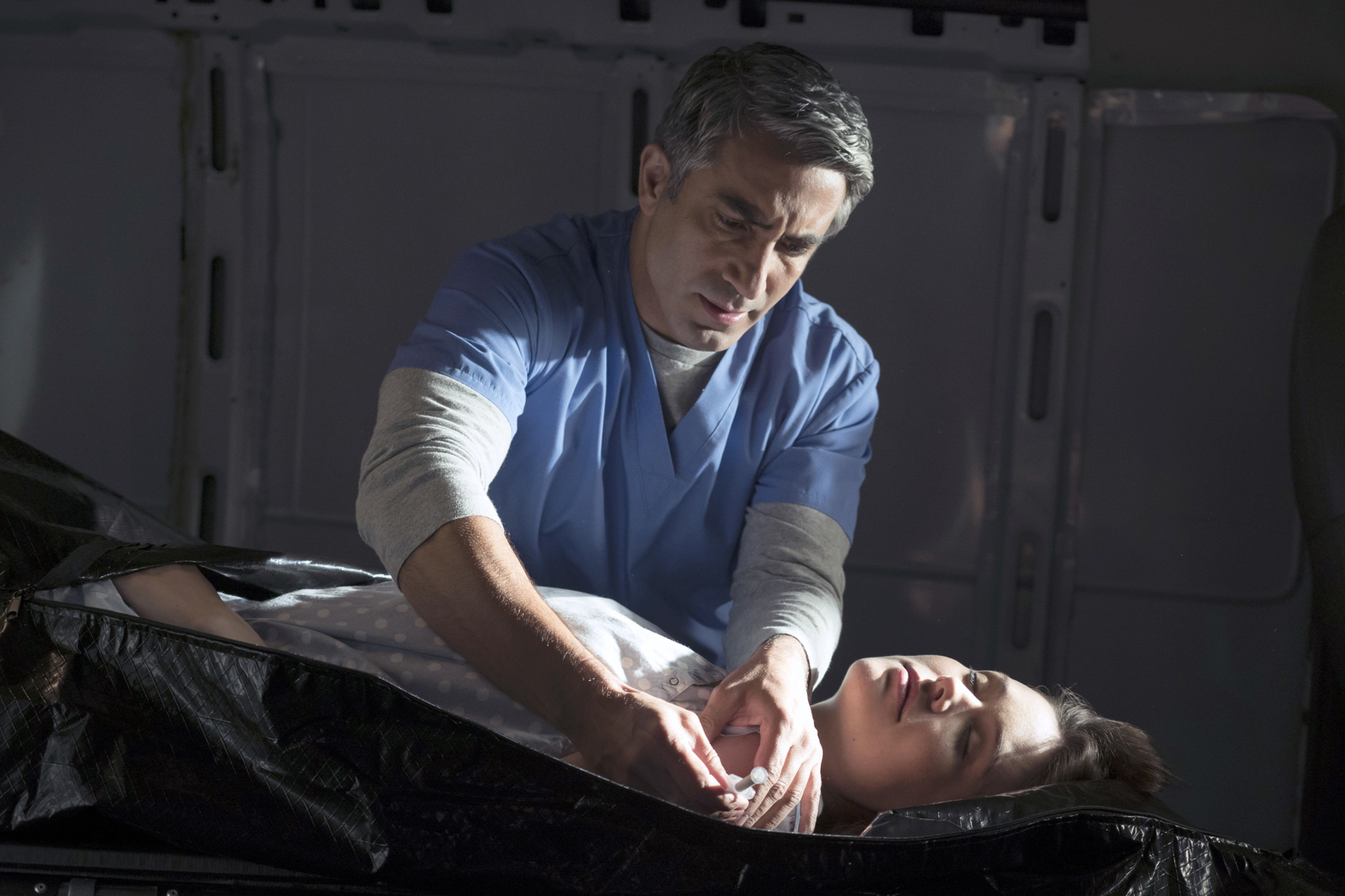 THE BLACKLIST -- "Alexander Kirk #14: Conclusion" Episode 323 -- Pictured: (l-r) Piter Marek as Dr. Nik Korpal, Megan Boone as Elizabeth Keen -- (Photo by: Virginia Sherwood/NBC)