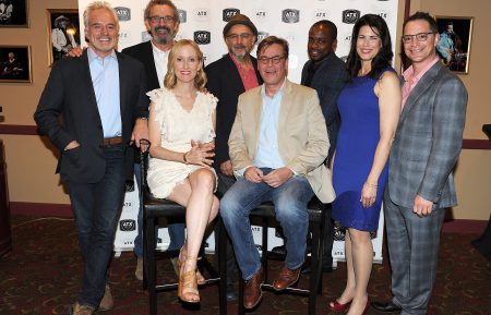 The cast of the West Wing - Joshua Malina, Janel Moloney, Bradley Whitford, Dulé Hill, Melissa Fitzgerald, and Richard Schiff with Director Thomas Schlamme and Series Creator Aaron Sorkin attend the 'The West Wing Administration' panel during the 2016 ATX Television Festival