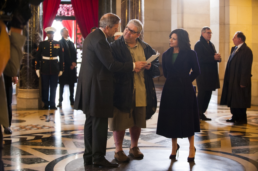 David Mandel (center) with Hugh Laurie and Julia Louis-Dreyfus