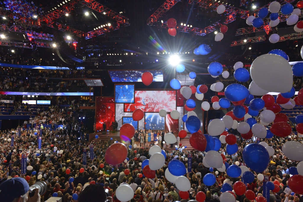 Balloons and confetti drop on the stage of the Republican National Convention in Tampa, Florida at the conclusion of GOP Presidential Candidate Mitt Romney's acceptance speech.. (Photo by Ralf-Finn Hestoft/Corbis via Getty Images)