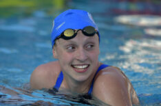 Katie Ledecky looks on after winning the women's 400-meter freestyle final and setting a world record at the U.S. nationals of swimming