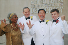 George Takei with his husband Brad Altman at their 2008 wedding. Also pictured: Nichelle Nichols and Walter Koenig