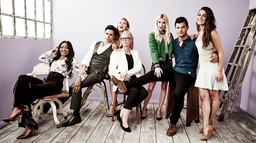 Keke Palmer, John Stamos, Billie Lourd, Jamie Lee Curtis, Emma Roberts, Taylor Lautner, and Lea Michele from FOX's 'Scream Queens' pose during the 2016 Television Critics Association Summer Tour