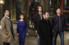 Supernatural - Castiel (Misha Collins), Rowena (Ruth Connell), Sam (Jared Padalecki), Crowley (Mark Sheppard) and Dean (Jensen Ackles)