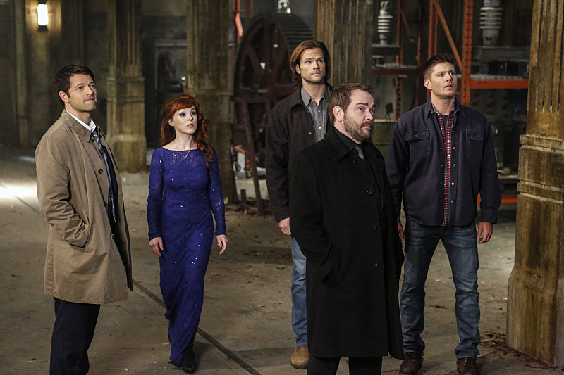 Castiel (Misha Collins), Rowena (Ruth Connell), Sam (Jared Padalecki), Crowley (Mark Sheppard) and Dean (Jensen Ackles)