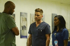 Boris Kodjoe as Dr. Will Campbell, Rob Lowe as Col. Ethan Willis, and Nafessa Williams as Dr. Charlotte Piel in Code Black