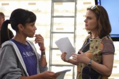 Tamara Taylor and Emily Deschanel behind the scenes of Bones