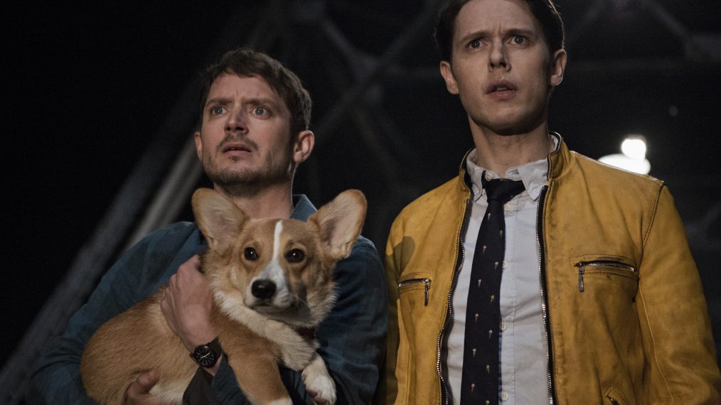 Elijah Wood and Samuel Barnett with dog in Dirk Gently's Holistic Detective Agency - 'Horizons'