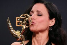 Julia Louis-Dreyfus poses in the press room with the Emmy for Outstanding Lead Actress in a Comedy Series for 'Veep' during the 68th Emmy Awards