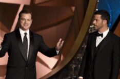 Matt Damon and host Jimmy Kimmel speak onstage during the 68th Emmy Awards show on September 18, 2016