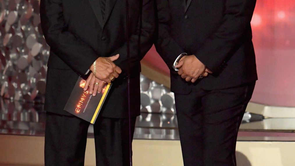Dennis Franz and Jimmy Smits speak onstage during the 68th Annual Primetime Emmy Awards