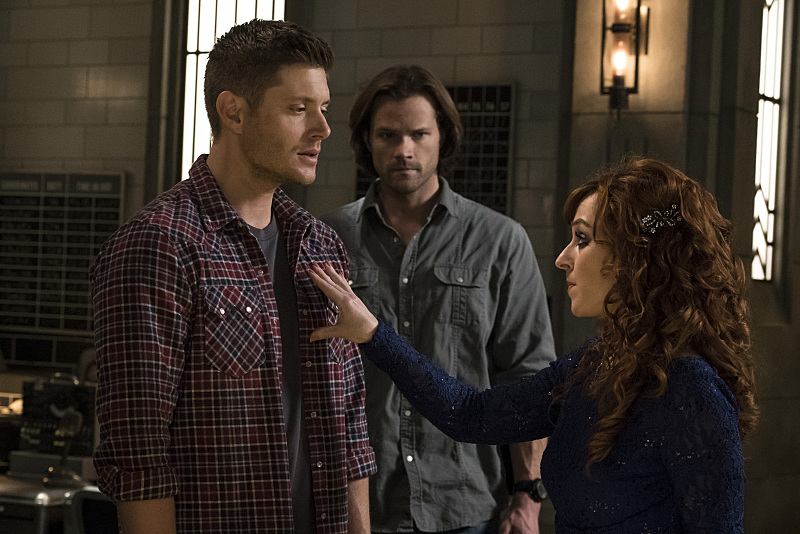 Supernatural - Jensen Ackles as Dean, Jared Padalecki as Sam, and Ruth Connell as Rowena