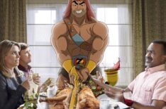 Cheryl Hines, Johnny Pemberton, Zorn (voiced by Jason Sudeikis), and Tim Meadows in Son of Zorn