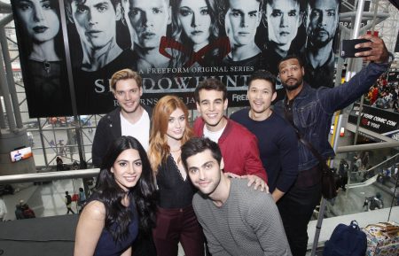 The cast of Shadowhunters at New York Comic Con - Emeraude Toubia, Dominic Sherwood, Katherine McNamara, Matthew Daddario, Alberto Rosende, Isaiah Mustafa