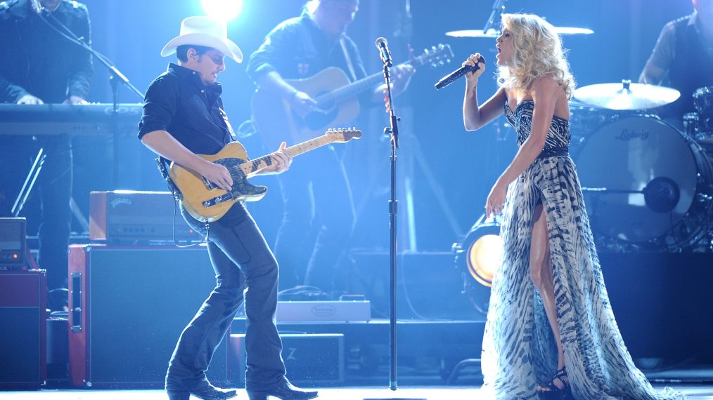 Brad Paisley and Carrie Underwood perform onstage at the 45th annual CMA Awards