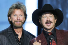 Ronnie Dunn and Kix Brooks of the duo Brooks & Dunn accept the award for vocal duo of the year during the 39th Annual Country Music Association Awards
