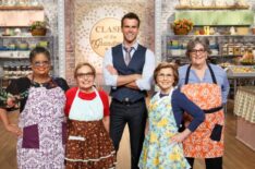 Host Cameron Mathison, middle, poses for a photo with contestants, from left, Sherri Williams, Noemi Abdessian, Tanya Marshall, and Janice 'Boo' Macomber as seen on Food Network's Clash of the Grandmas, Season 1.