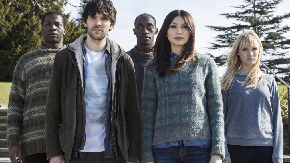 Sope Dirisu as Fred, Colin Morgan as Leo, Ivanno Jeremiah as Max, Gemma Chan as Anita, and Emily Berrington as Niska in Humans - Season 1, Episode 8