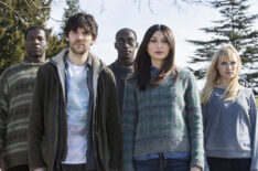 Sope Dirisu as Fred, Colin Morgan as Leo, Ivanno Jeremiah as Max, Gemma Chan as Anita, and Emily Berrington as Niska in Humans - Season 1, Episode 8