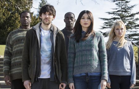 Sope Dirisu as Fred, Colin Morgan as Leo, Ivanno Jeremiah as Max, Gemma Chan as Anita, and Emily Berrington as Niska in Humans - Season 1, Episode 8