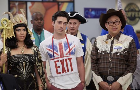 America Ferrera as Amy, Ben Feldman as Jonah, and Nico Santos as Mateo in Superstore - Season 2 - 'Halloween Theft'