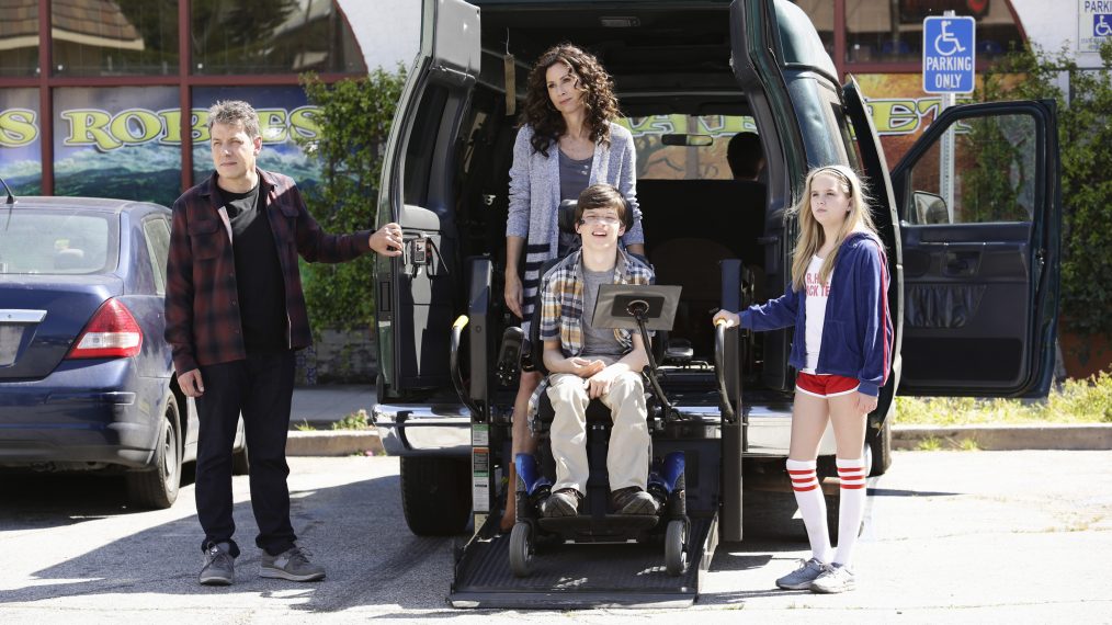 SPEECHLESS - "Pilot" - Maya DiMeo moves her family to a new, upscale school district when she finds the perfect situation for her eldest son, JJ, who has cerebral palsy. While JJ and daughter Dylan are thrilled with the move, middle son Ray is frustrated by the family's tendencies to constantly move, since he feels his needs are second to JJ Soon, Maya realizes it is not the right situation for JJ and attempts to uproot the family again. But JJ connects with Kenneth, the school's groundskeeper, and asks him to step in as a his caregiver, and Ray manages to convince Maya to give the school another chance, on the series premiere "Speechless" WEDNESDAY, SEPTEMBER 21 (8:30-9:00 p.m. EDT), on the ABC Television Network. (ABC/Nicole Wilder) JOHN ROSS BOWIE, MINNIE DRIVER, MICAH FOWLER, KYLA KENEDY