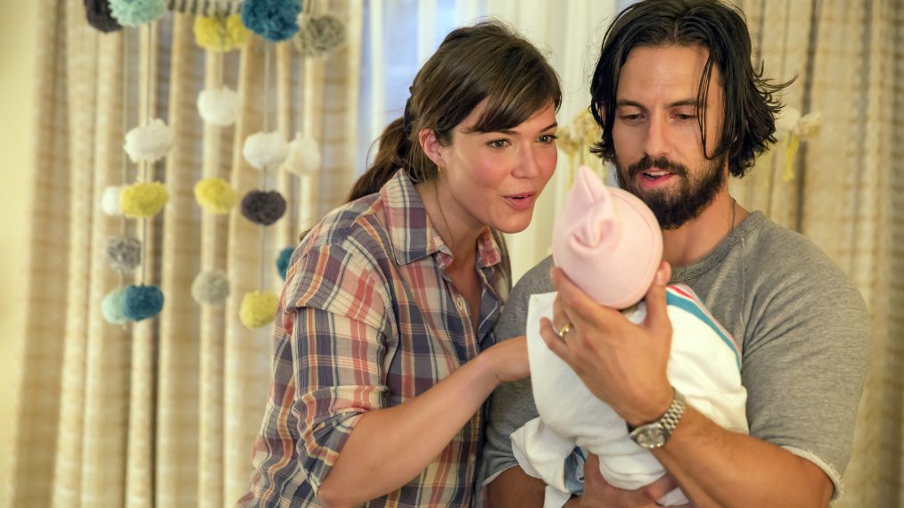 Mandy Moore as Rebecca and Milo Ventimiglia as Jack holding a baby in This is Us - 'Kyle'