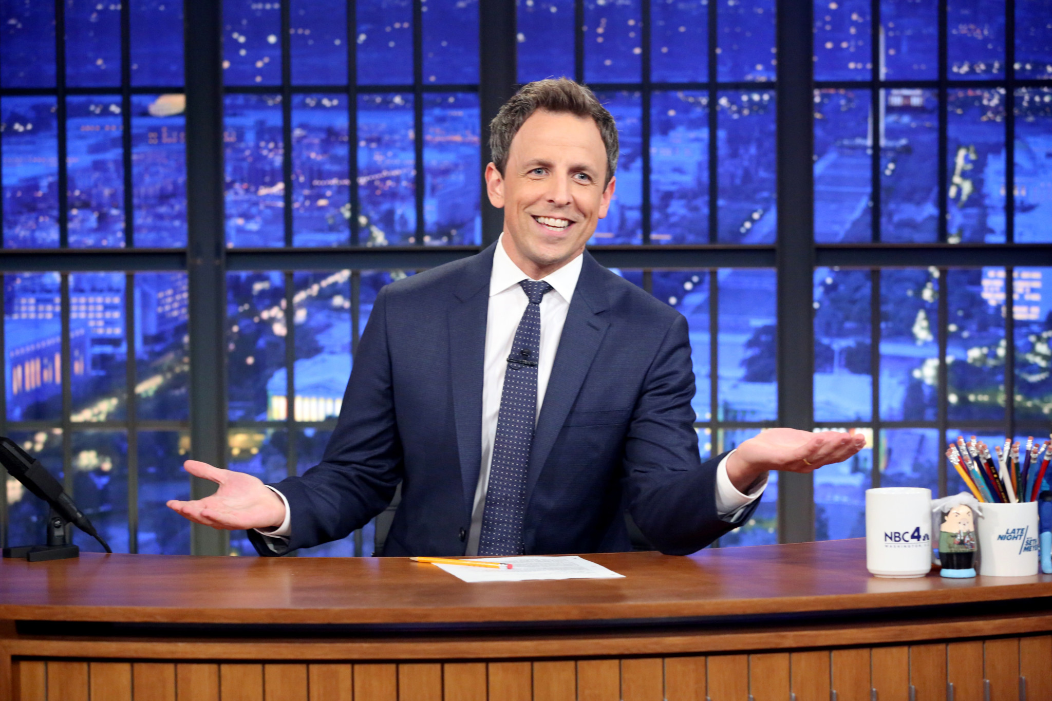 Late Night With Seth Meyers -- Episode 0433 -- Pictured: Host Seth Meyers during the monologue on October 10, 2016 -- (Photo by: Lloyd Bishop/NBC)