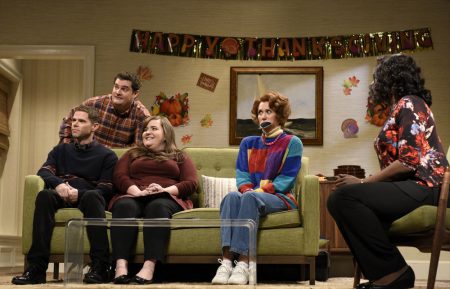 Mikey Day, Bobby Moynihan, Aidy Bryant, Kristen Wiig as Sue, Leslie Jones during the 