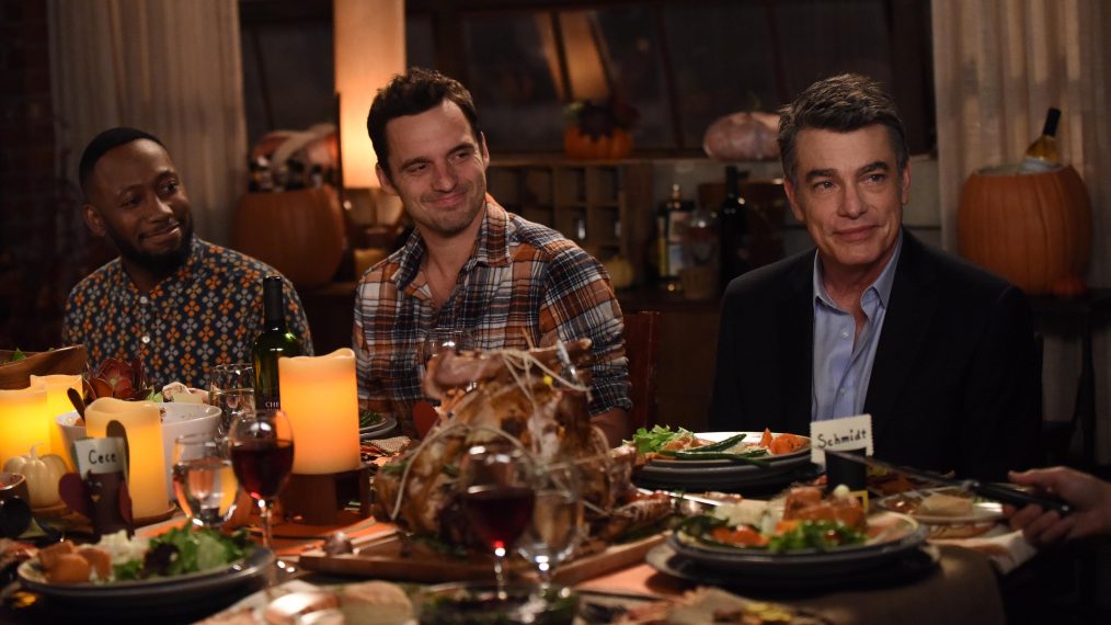 Lamorne Morris, Jake Johnson and guest star Peter Gallagher in the 'ThanksGavin' episode of New Girl