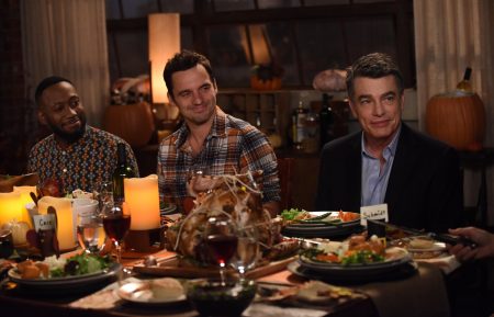 Lamorne Morris, Jake Johnson and guest star Peter Gallagher in the 'ThanksGavin' episode of New Girl