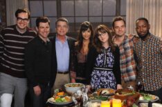 New Girl - Guest star Nelson Franklin, Max Greenfield, guest star Peter Gallagher, Hannah Simone, Zooey Deschanel, Jake Johnson, and Lamorne Morris in the 'ThanksGavin' episode