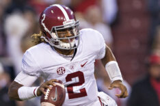 Jalen Hurts #2 of the Alabama Crimson Tide rolls out to pass during a game against the Arkansas Razorbacks at Razorback Stadium on October 8, 2016 in Fayetteville, Arkansas