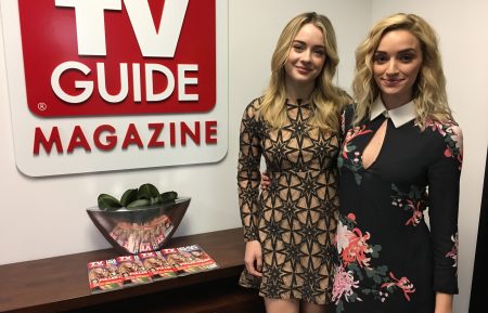 Hannah Kasulka and Brianne Howey in the TV Guide magazine offices