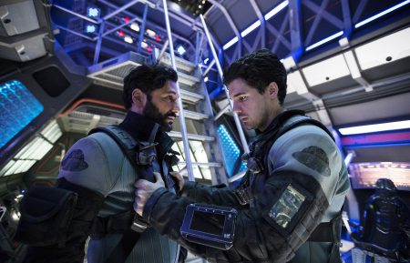 Cas Anvar as Alex Kamal, Steven Strait as Earther James Holden in The Expanse - Season 1