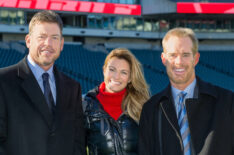 Troy Aikman, Erin Andrews, and Joe Buck on the field in Philadelphia