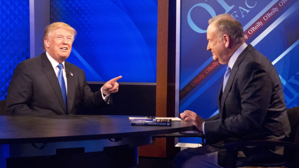 Republican presidential candidate Donald Trump speaks during his interview by Bill O'Reilly on Fox's news talk show The O'Reilly Factor