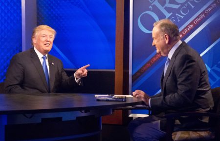 Republican presidential candidate Donald Trump speaks during his interview by Bill O'Reilly on Fox's news talk show The O'Reilly Factor