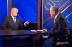 Republican presidential candidate Donald Trump, left, speaks during his interview by Bill O'Reilly on Fox's news talk show The O'Reilly Factor