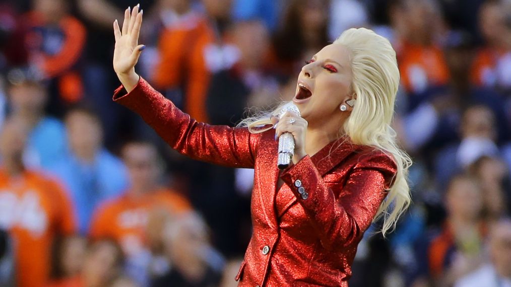 Lady Gaga sings the national anthem before the NFL Super Bowl 50