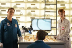 Emily Deschanel, TJ Thyne, and guest star Laura Spencer in the 'The Price for the Past' episode of Bones: The Final Chapter